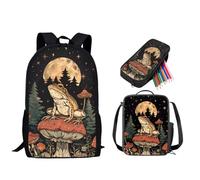 PCSJRKG Frog Mushroom Print School Backpack Set with Lunch Box, Large Sturdy Backpack Set with Lunch Bag Pen Case, Casual 3 Pcs School Bookbag Lightweight Knapsack for Teenage Girls Daypack