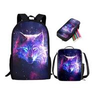 PCSJRKG Wolf School Bookbag for Kids, Galaxy School Backpack with Lunch Bag Pencil Case, Portable 3PCs School Bag Set Casual Students Knapsack for Elementary Students, Purple