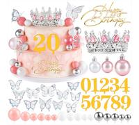 PCTCSHQ 43Pcs Crown Cake Topper, Happy Birthday Cake Topper Balls Butterflies, Corona Para Pastel Cake Decorations for Women Girls Princess Queen Wedding Party Decorations