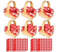 PCTCSHQ 6 Pcs Mini Woven Baskets with Handles 20 Sheets Red Gingham Paper Napkins Wood Chip Small Flower Fruit Picnic Baskets for Wedding Party Favors Farmhouse Decor