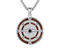 PCTJYFU Compass Necklace for Men with Ebony Wood Inlay Large Pendant for Him, Vintage Nautical Compass Jewelry Gift, 28mm with 22+2" Stainless Steel Rolo Chain, Birthday Anniversary Fathers Day Gift