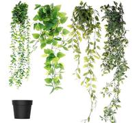 PCXWTLN Artificial Hanging Plant, 4 Pack Fake Eucalyptus Plants with Pots Greenery Fake Datura Pea Pothos Plant for Home Office Garden Indoor Outdoor Decoration