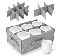PCXWTLN Cup Mug Storage Box with Dividers Handles, Felt Cup Holder 31 x 23 x 12cm, RV Tableware Storage for 6 or 12 Coffee Mugs and Tea Cups, Mugs, Suitable for Camping, RV and Kitchen, Gray