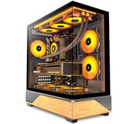 PCZZOI PC CASE ATX 5 PWM ARGB Fans Pre-Installed, Type-C Mid Tower Computer Case with Full-View Dual Tempered Glass, Printed Walnut Wood Panels,Support 360mm Radiator,Gaming PC Case,Black,New P6