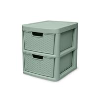 PD - 2 Tier Large Rattan Sage Green Drawer Storage Unit - Durable Plastic Rattan Woven Organizer Cabinet with Drawers - Ideal Tower Storage Solution for Home Office or School - Stylish & Practical
