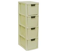 PD - 3 & 4 Tier Plastic Rattan Medium Drawer Unit - Storage Cabinet Chest of Drawers for Bedroom, Kitchen, Living Room - Utility Organiser Freestanding Drawer Tower Unit (Cream, 4 Tier)
