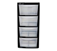 PD - 3 & 4 Tier Plastic Rattan Medium Drawer Unit - Storage Cabinet Chest of Drawers for Bedroom, Kitchen, Living Room - Utility Organiser Freestanding Drawer Tower Unit (Black/Clear, 4 Tier)