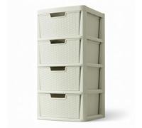PD - 4 Tier Large Rattan Cream Drawer Storage Unit - Durable Plastic Rattan Woven Organizer Cabinet with Drawers - Ideal Tower Storage Solution for Home Office or School - Stylish & Practical