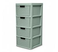 PD - 4 Tier Large Rattan Sage Green Drawer Storage Unit - Durable Plastic Rattan Woven Organizer Cabinet with Drawers - Ideal Tower Storage Solution for Home Office or School - Stylish & Practical