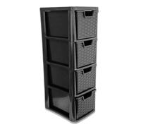PD - 4 Tier Medium Rattan Drawers - Plastic Storage Drawer Unit - Storage Cabinet Chest Tower - Modular Drawer For Home, Kitchen, Office, School - 62cm (H) x 19cm (W) x 25cm (D) (Black, 4 Tier)