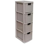 PD - 4 Tier Plastic Rattan Medium Drawer Unit - Storage Cabinet Chest of Drawers for Bedroom, Kitchen, Living Room - Utility Organiser Freestanding Drawer Tower Unit (Mushroom, 4 Tier)
