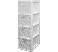 PD - 4 Tier Plastic Rattan Medium Drawer Unit - Storage Cabinet Chest of Drawers for Bedroom, Kitchen, Living Room - Utility Organiser Freestanding Drawer Tower Unit (White, 4 Tier)