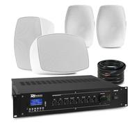 PD 4x 4" BHW40WH White Wall Mounted Speaker System & 2x Ceiling Subs with 100V Mixer-Amplifier, Commercial Audio, Restaurant Background Music, Pub or Outdoor Sound Speakers Set