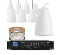 PD Purity8W White Hanging Pendant Speaker System with PRM360 100V Mixer Amplifier, 8 Speaker Commercial PA System, Bluetooth, 4 Zone Control, 100m Cable