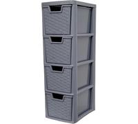 PD - Small Plastic Storage Drawer Units, Rattan & Clear Style, A5 Organizer for Bedroom, Office & Stationery, Transparent Storage Drawers, Compact Tower Unit for Small Spaces (Grey Rattan, 4 Tier)