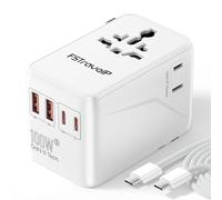 PD100W Universal Travel Adapter, Travel Plug Adapter Worldwide with 2 USB C PD and 2 USB A QC, International Power Adapter with Dual Safety Fuses, for Multi Countries EU, USA, UK, Australia