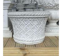 PDA Large Round White Stone Cast Wicker/Flower Design Planter Pot