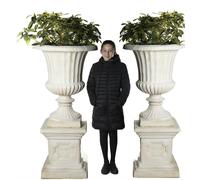 Pair Giant Fluted White Stone Cast Vases On Plinths 154Cm Tall