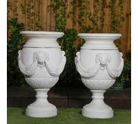 PDA Pair of Extremely Large Draped Lion Head Garden Urns