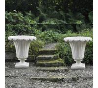 Pair Of Giant Classic Ancient Greek Style Fluted Vases In White Stone Cast Pots