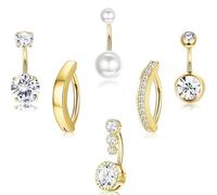 Pddenality 6 PCS Belly Button Bars Gold, Hypoallergenic Gold Belly Rings Reverse Curved Navel Bars Clicker, Piercing Jewelry for Women Girls for Beach and Festival