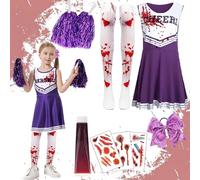 Pddenality 9 Pcs 130 Yards Cheerleader Outfit Kids Set, Kids Halloween Costumes, Halloween Costumes for Girls, Zombie Costume Suitable for Attending Halloweens and Parties