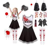 Pddenality 9 PCS 130 yards Cheerleader Outfit Kids, Zombie Costume Cheerleader, Girls Halloween Costumes for Kids, Children's Dress Suitable for Attending Halloween or Parties