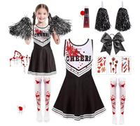 Pddenality 9 PCS 140 yards Cheerleader Outfit Kids, Girls Halloween Costumes for Kids, Zombie Costume Cheerleader, Children's Dress Suitable for Attending Parties or Halloween