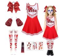 Pddenality 9 Pcs Cheerleader Costume Kids Set, Cheerleader Outfit Kids Red Zombie Costume, Halloween Costumes Fancy Dress Costumes For Gils 130cm