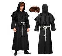 Pddgeun Monk Costume Adult Men Black Hooded Monk Robe with Bald Wig Medieval Friar Priest Robe Halloween Christmas Fancy Dress