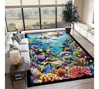 PDENZG 3D Colorful Ocean Rug，70x140cm,Coastal Nautical Rugs for Bedroom Living Room, Coral Whale Dolphin Marine Life Rug，Washable Beach Rugs ，for Kids Boys Girls Bedroom Ocean Room Decor Mat.