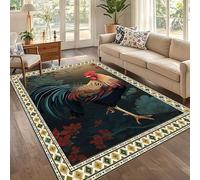 PDENZG 3D Rooster Rug,180x260cm,Country Farmhouse Style Western Area Rug, Plant Print and Colorful Feather Chicken Carpet,Rustic Farm Animals Indoor Washable Area Rug, for Living Room Bedroom Kitchen