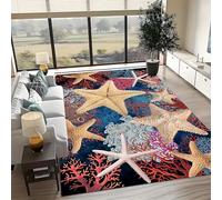 PDENZG Beach Coastal Nautical Rug，60x110cm,3D Starfish Coral Colorful Ocean Theme Throw Accent Rug，Tropical Bedroom Rugs Non Slip Washable Carpet，for Living Room bBath Mat Ocean Room Decor.