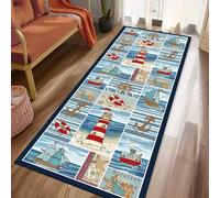 PDENZG Nautical Hallway Runner Rug, 60x120cm,Ocean Sailboat Seashells Steering Wheel Lighthouse Nautical Beachy Rug, Indoor Non-Slip Navy Coastal Runner Carpet, for Laundry Room Entrance Kitchen Mat