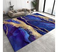 PDENZG Navy Blue Gold Marble Area Rug，100x150cm,Modern Marble Stripe Classic Washable Rugs，Luxury Abstract Bedroom Decor Gold Carpet， for Teen Room Living Room Office Dining Hallway