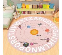 PDENZG Round Kids Nursery Rugs ，100cm,ABC Alphabet Rug Collection Educational Rug，Soft Durable Kids Round Mat, Pink Non Slip Space Rugs。for Classrooms, Boys Girls Bedrooms, Childrens Carpets