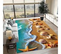 PDENZG Sea Star Shell Light Blue Ocean Rug, 60x90cm,3D Non-Slip Non-Shedding Wave Beach Rug, Living Room Bedroom Machine Washable Coastal Nautical Area Rugs, for Boys Girls Room Ocean Carpet