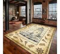 PDENZG Vintage Ocean Area Rug, 140x200cm,Nautical Sailboat Steering Wheel Lighthouse Compass Rug，Soft, Non-Slip Telescope Nautical Coastal Rugs，for Living Room Bedroom Entryway Indoor Marine Carpet,