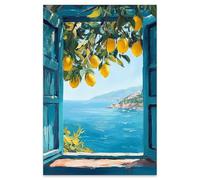 PDFI Mediterranean Window View Wall Art Coastal Lemon Tree Canvas Prints Blue Seascape Posters Modern Nature Landscape Pictures for Bedroom Living Room Office Decor 24x36 In Unframed