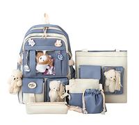 pdghiue 5-Piece Aesthetic Kawaii Backpack Set with Kawaii Pin and Pendants Accessories, Nylon Material | Durable & Adorable, Blue, One Size