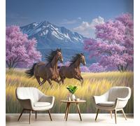 pdghsdkgjh Photo Wallpaper: Horses Galloping Across a Meadow - Wall Decoration for Living Room or Bedroom - Spring Landscape - Pink and Yellow, 300cm x 210cm