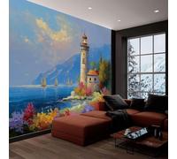 pdghsdkgjh Photo Wallpaper Lighthouse by the Sea Floral Non-Woven Wallpaper 3D Effect Wall Mural Decoration, for Living Room Bedroom TV Background Wall Decor Wallpaper, 350cm x 256cm
