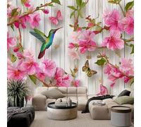 pdghsdkgjh Photo Wallpaper Panoramic Wood Texture Fresh Flowers Birds, Pink Wall Art Poster 3D Effect - for Living Room Bedroom Children's Room Office TV Background, 430cm x 300cm