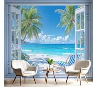 pdghsdkgjh Photo Wallpaper Realistic Window Design 3D Effect Tropical Beach Scene, Teal for Living Room Bedroom Office, 400cm x 280cm
