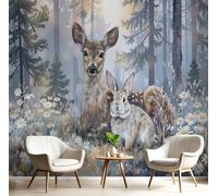 pdghsdkgjh Photo Wallpaper Wild Animal Illustrations -for Living Room Bedroom - Forest Deer and Rabbit Drawings 3D Effect Green,200cmx140cm
