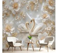 pdghsdkgjh Photo Wallpaper with Golden Flowers and swan Pattern, 3D Effect, Romantic and Elegant Style Wall Decoration, White, for Living Room, Bedroom, Office, 250cm x 175cm