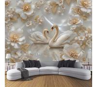 pdghsdkgjh Photo Wallpaper with Golden Flowers and swan Pattern, 3D Effect, Romantic and Elegant Style, White, for Living Room, Bedroom, Office, 400cm x 280cm