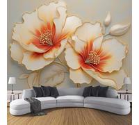 pdghsdkgjh Photo Wallpaper with Orange Plants and Flowers, Relief Painting, 3D Wall Decoration, Wall Covering for Living Room or Bedroom, Ivory, 300cm x 210cm