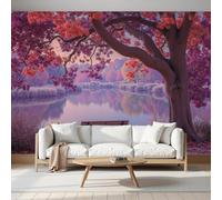 pdghsdkgjh Red Photo Wallpaper, Romantic Nature Style, Autumn Leaves, View from The Bench, Wall Mural, Bedroom, Living Room Decoration, 350cm x 256cm