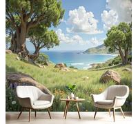 pdghsdkgjh Tranquil Coastal Landscape Photo Wallpaper - Grassland Wildflower Pattern, 3D Effect for Bedroom & Living Room, Olive Green Wall Decoration, 250cm x 175cm